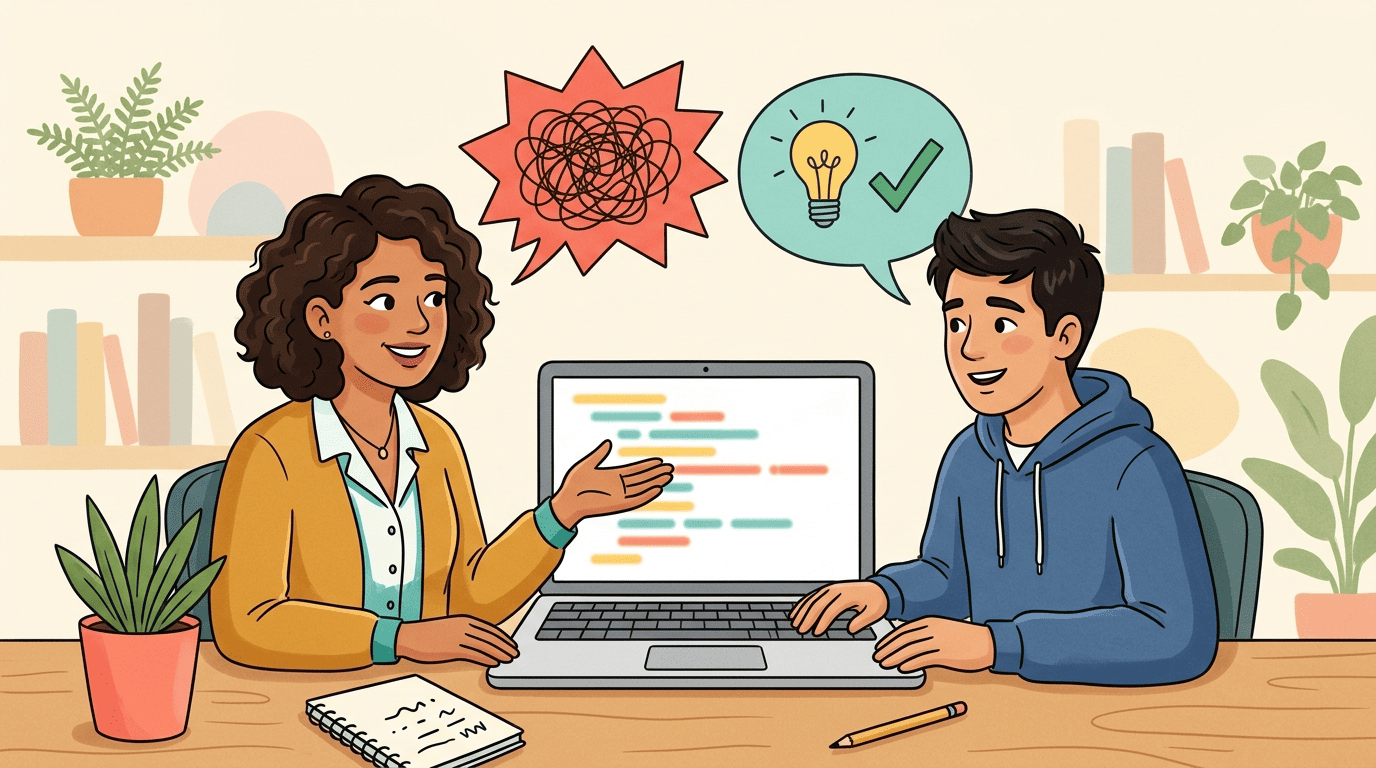 An AI coding tutor turning a cryptic red error into a clear plain-English explanation for a relieved student