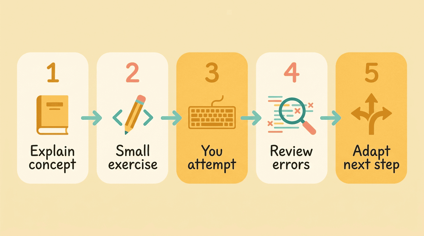 Five-step teaching loop an AI coding tutor repeats: explain, exercise, attempt, review errors, adapt