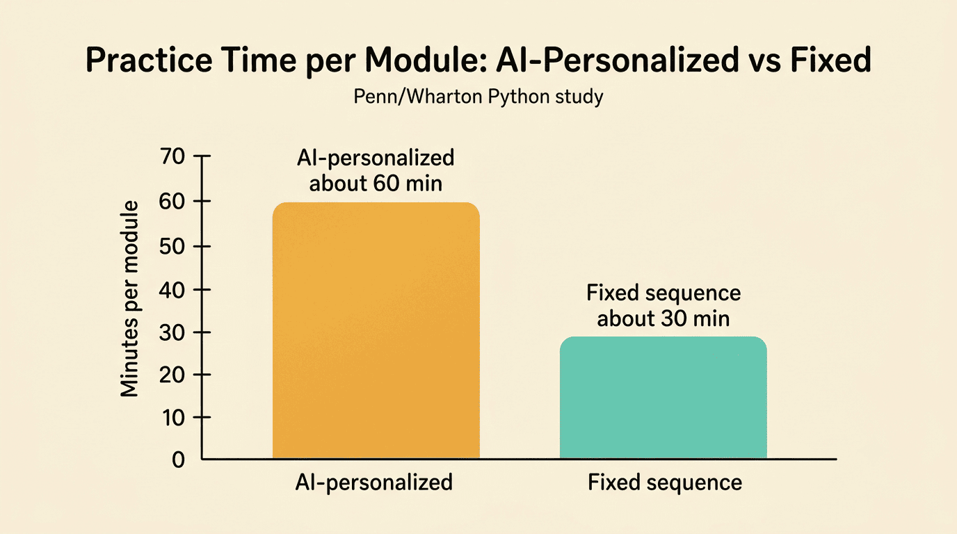 Bar chart: AI-personalized group practiced about 60 minutes per module vs about 30 for a fixed sequence