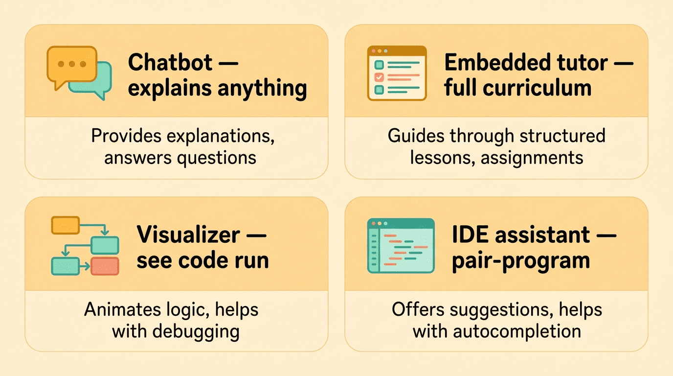 Four types of AI coding tutors: chatbot, embedded tutor, code visualizer, and IDE assistant