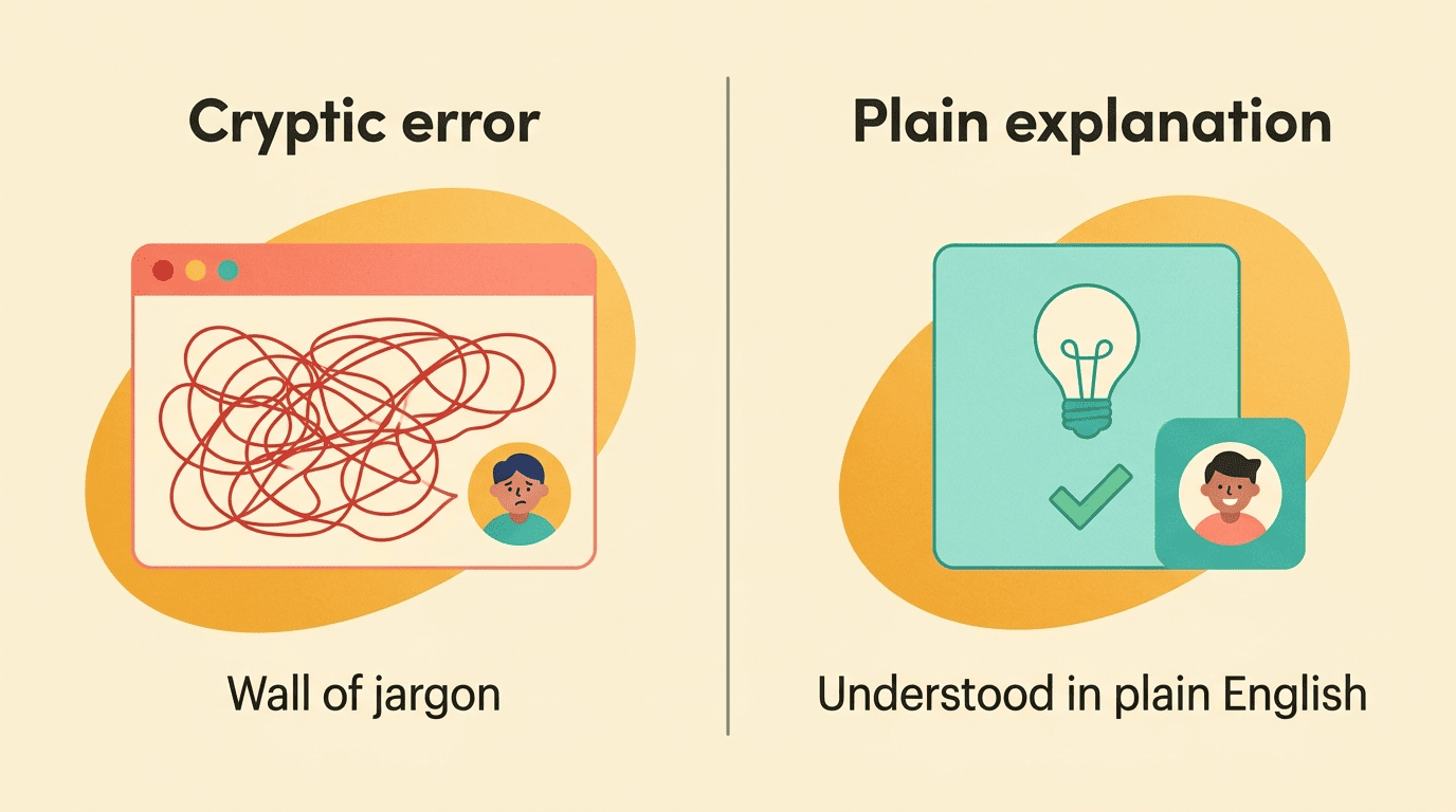 Comparison of a cryptic error message versus the same problem explained in plain English