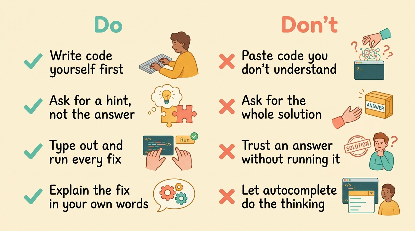 Do and don't checklist for using an AI coding tutor without making it a crutch