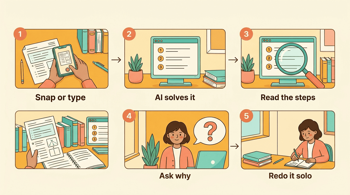 Five-step flow: snap or type, AI solves it, read the steps, ask why, redo it solo