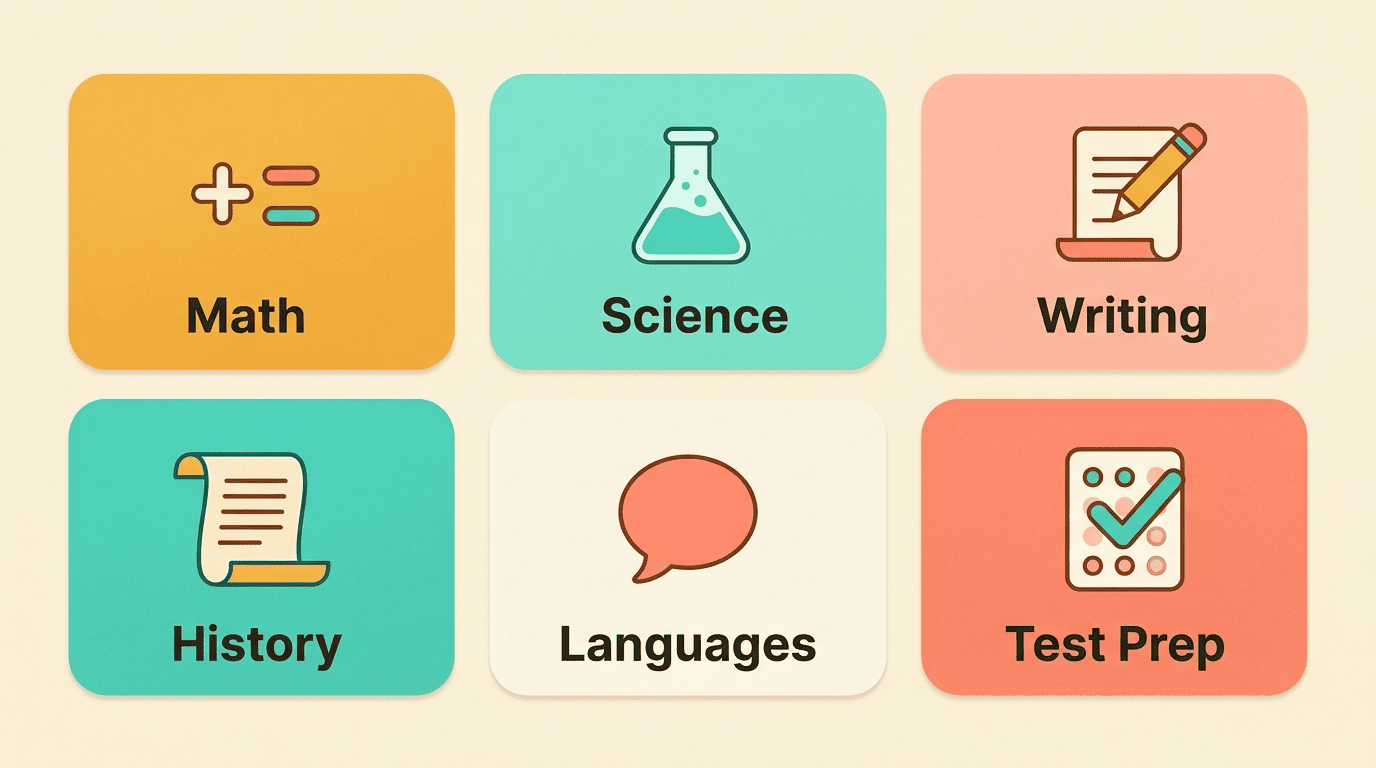 Grid of subjects an AI homework helper covers: math, science, writing, history, languages, test prep