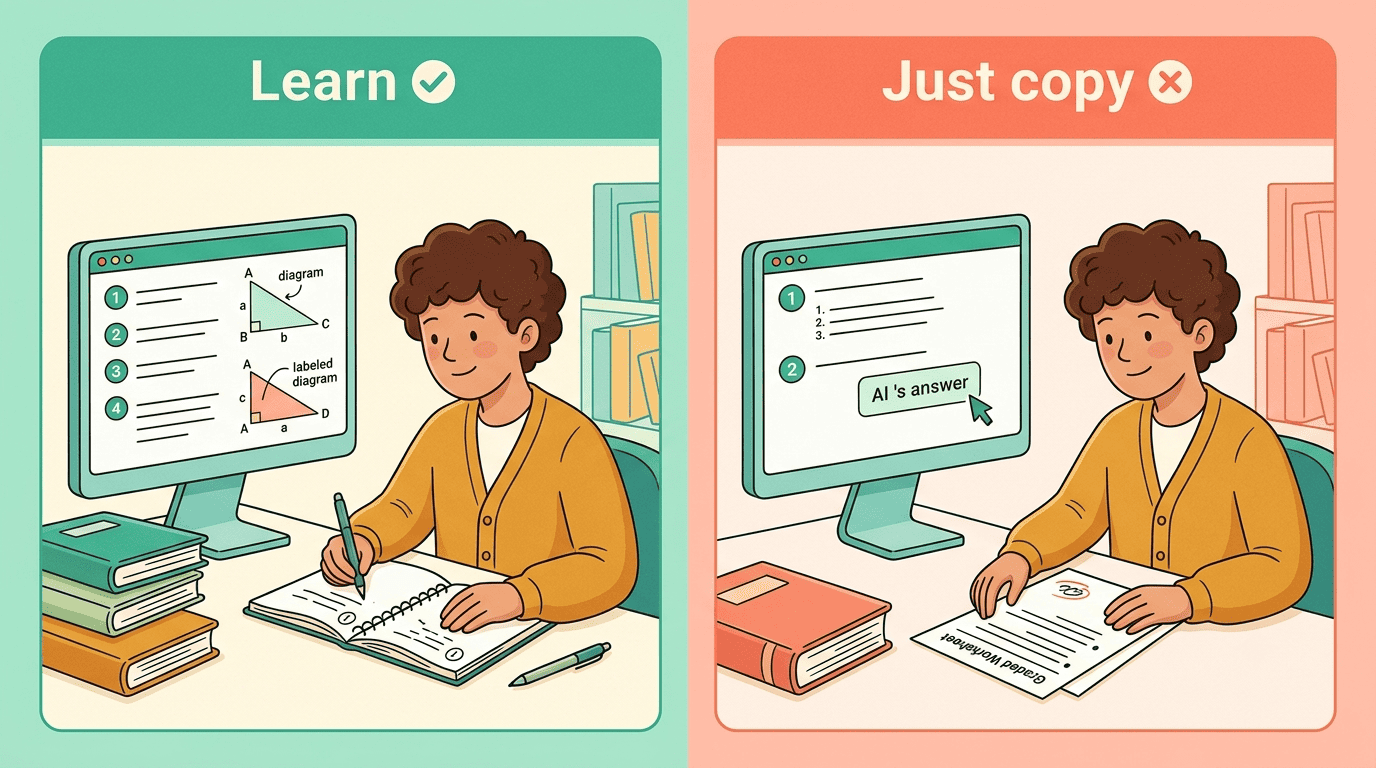 Split screen comparing learning with AI, reading steps then redoing a problem, versus copying the AI answer onto a graded worksheet