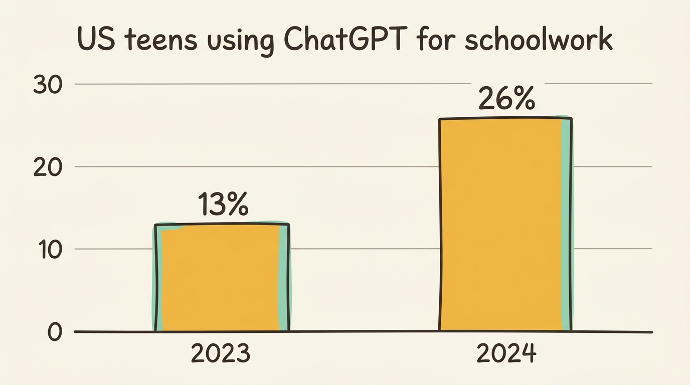 Bar chart: US teens using ChatGPT for schoolwork rose from 13% in 2023 to 26% in 2024