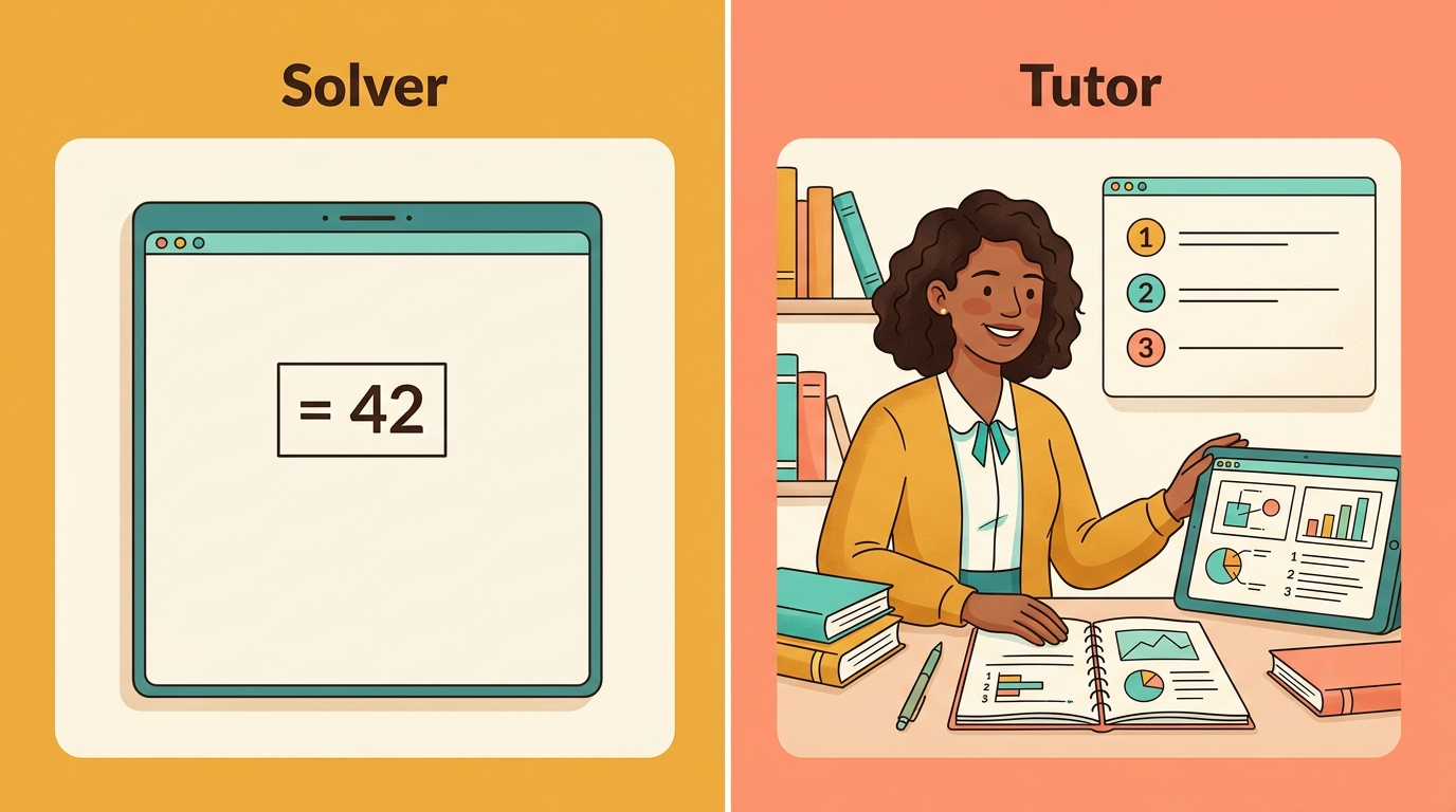 Split screen comparing an AI math solver showing only the answer versus a tutor showing guided steps