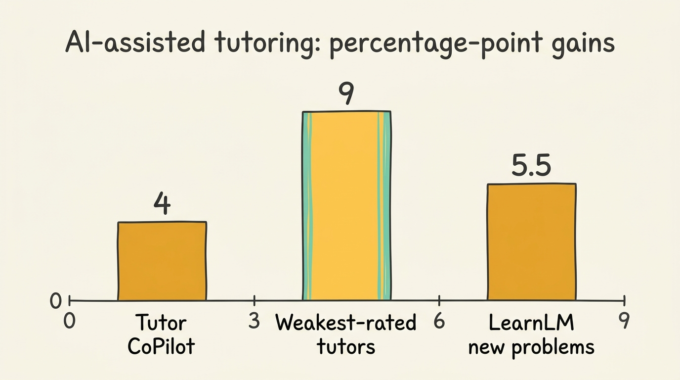 Bar chart of percentage-point gains: Tutor CoPilot plus 4, weakest-rated tutors plus 9, LearnLM plus 5.5