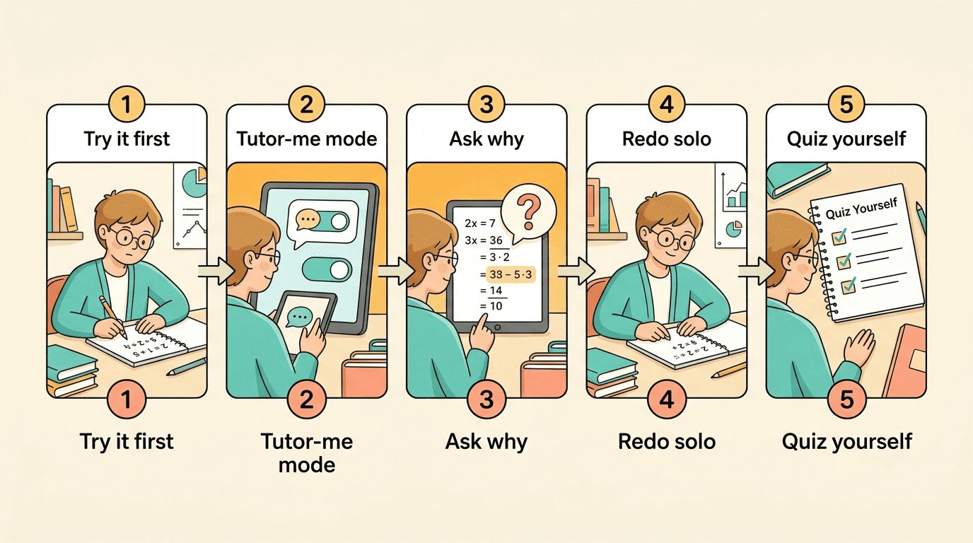 Five-step routine for learning with an AI math tutor: try first, tutor-me mode, ask why, redo solo, quiz yourself