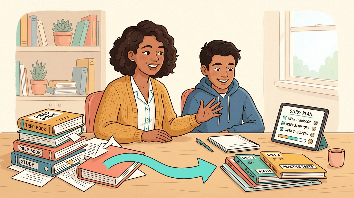 A tutor and student turning a messy pile of prep books into an organized study plan