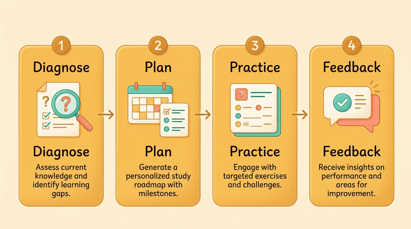 Four-step cycle an AI test prep tutor repeats: diagnose, plan, practice, feedback