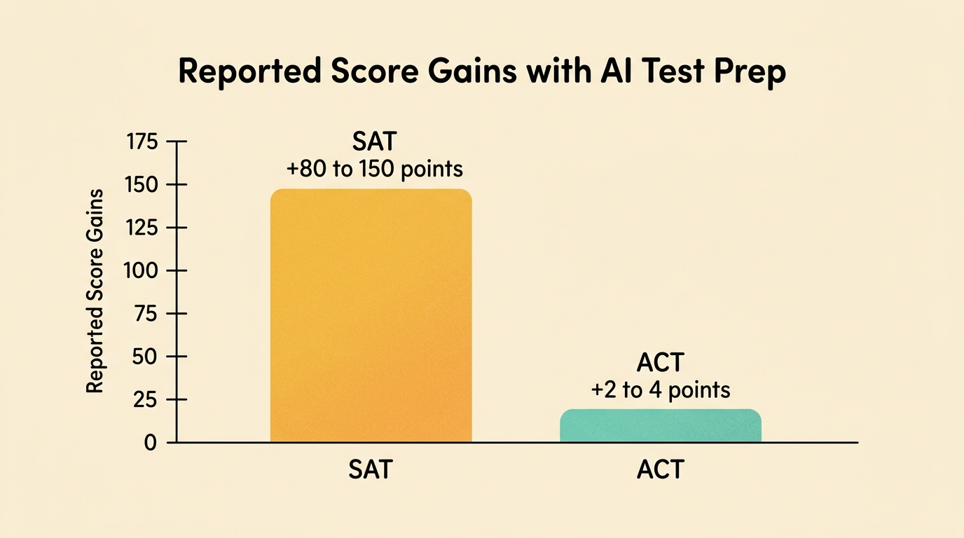 Bar chart of reported score gains: SAT +80 to 150 points, ACT +2 to 4 points