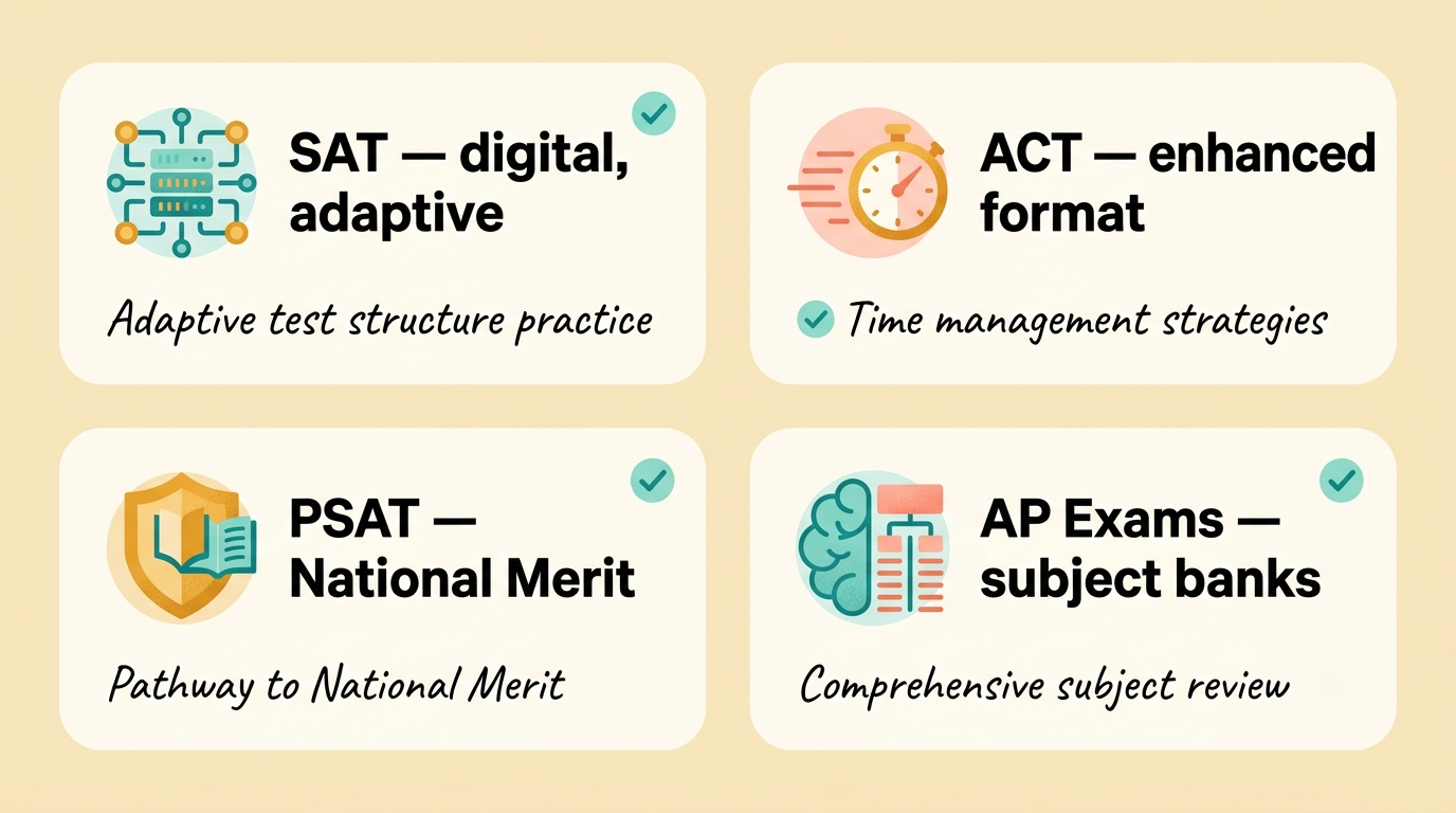 Four exam types AI tutors cover: SAT, ACT, PSAT and AP exams