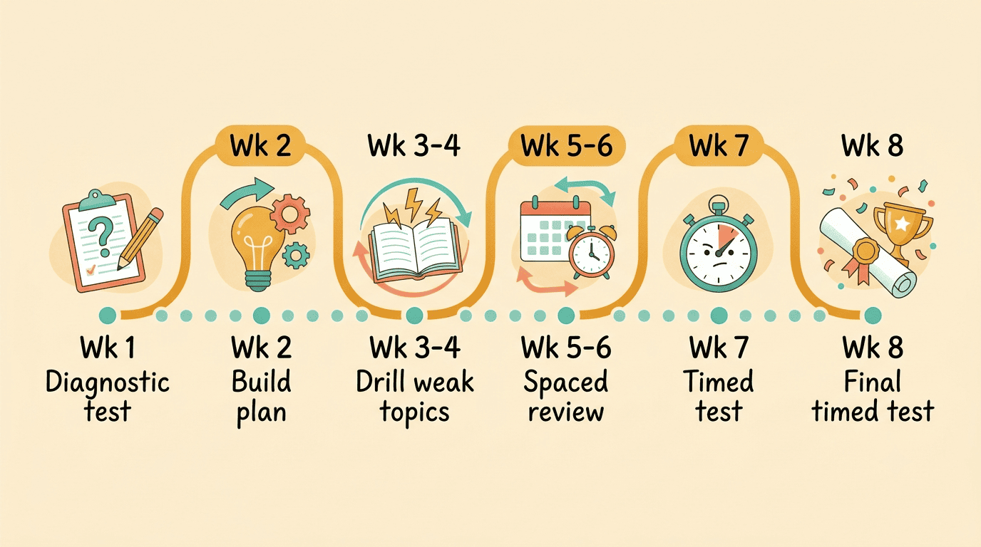 Eight-week AI test prep timeline from diagnostic to final timed test