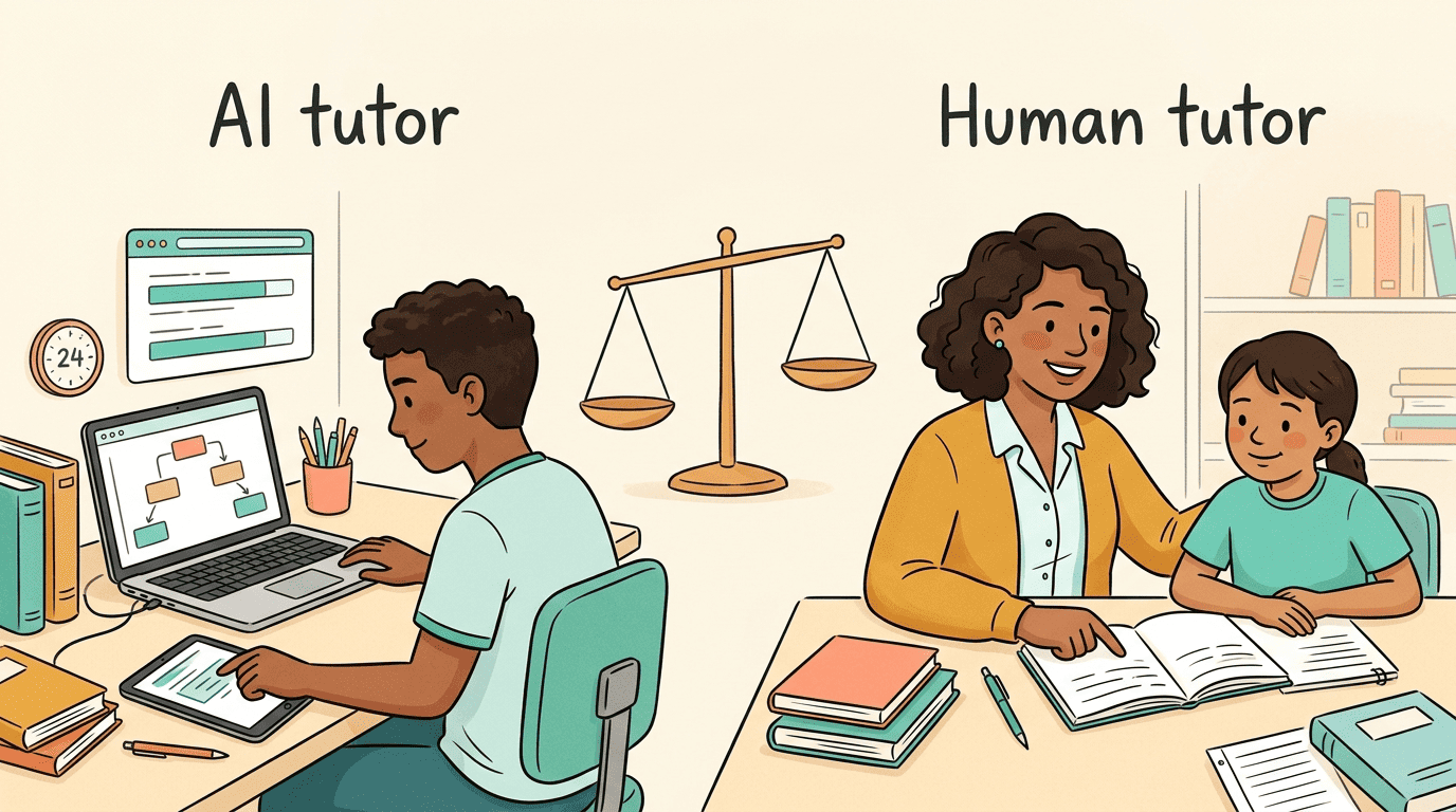 A student learning with an AI tutor on a laptop on one side and Maya the human tutor helping a student on the other, with a balanced scale between them