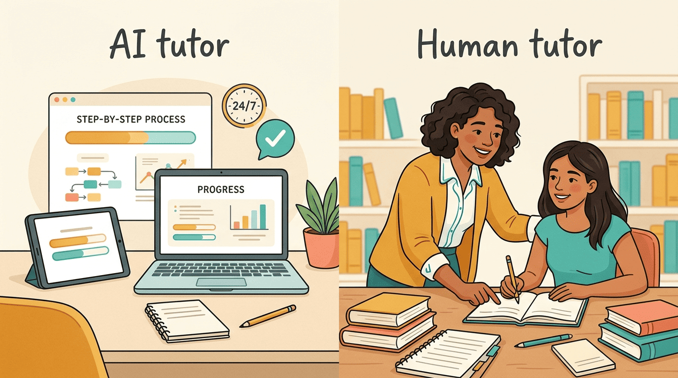Split comparison: an AI tutor as adaptive software on a laptop and tablet versus Maya, a human tutor, mentoring a student over a notebook