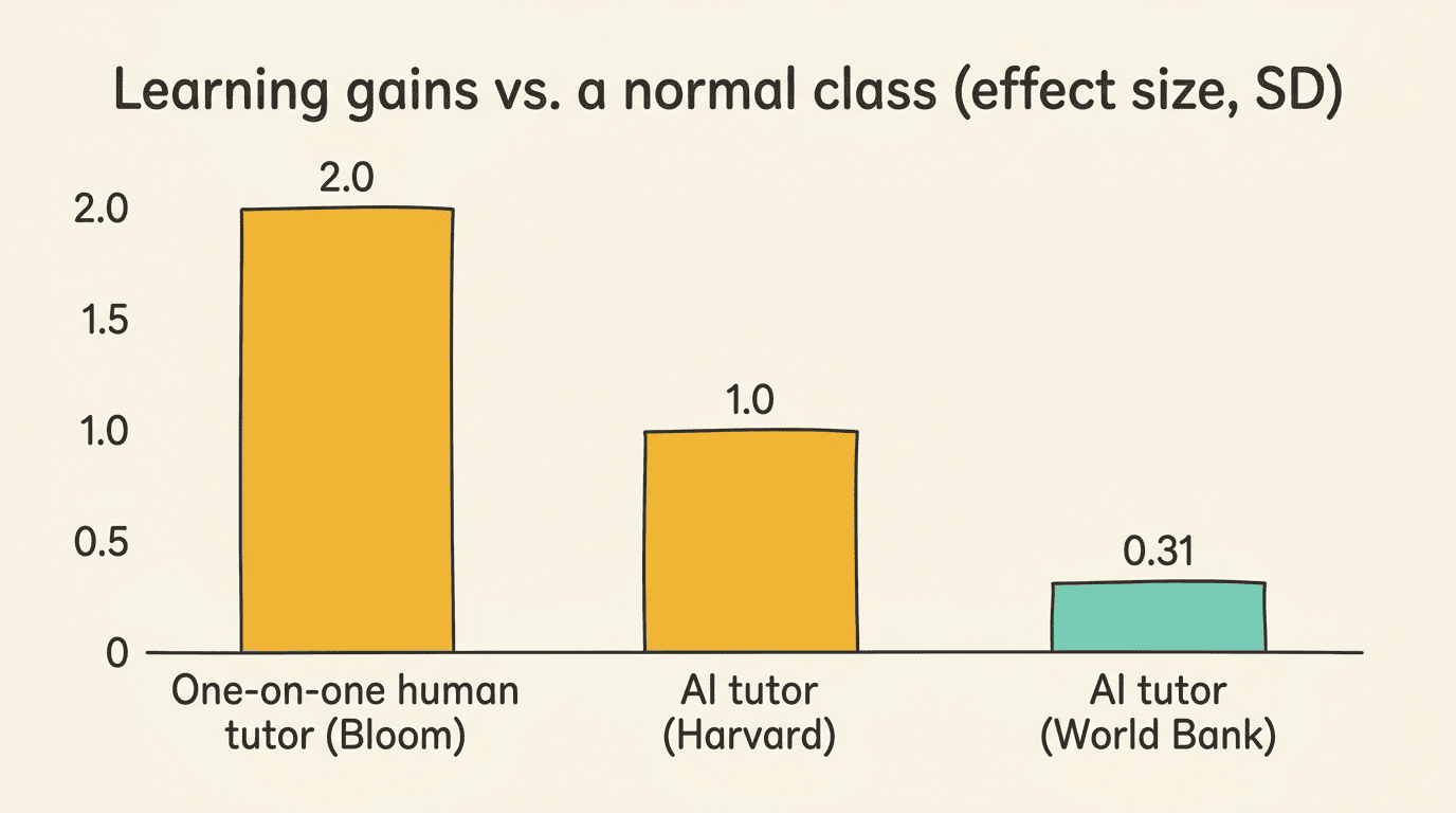 Bar chart of learning gains as effect size: one-on-one human tutor 2.0 SD (Bloom), AI tutor 1.0 SD (Harvard), AI tutor 0.31 SD (World Bank)