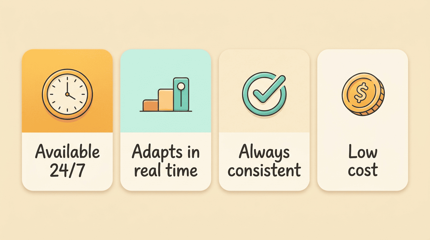 Four cards showing an AI tutor's core strengths: available 24/7, adapts in real time, always consistent, low cost