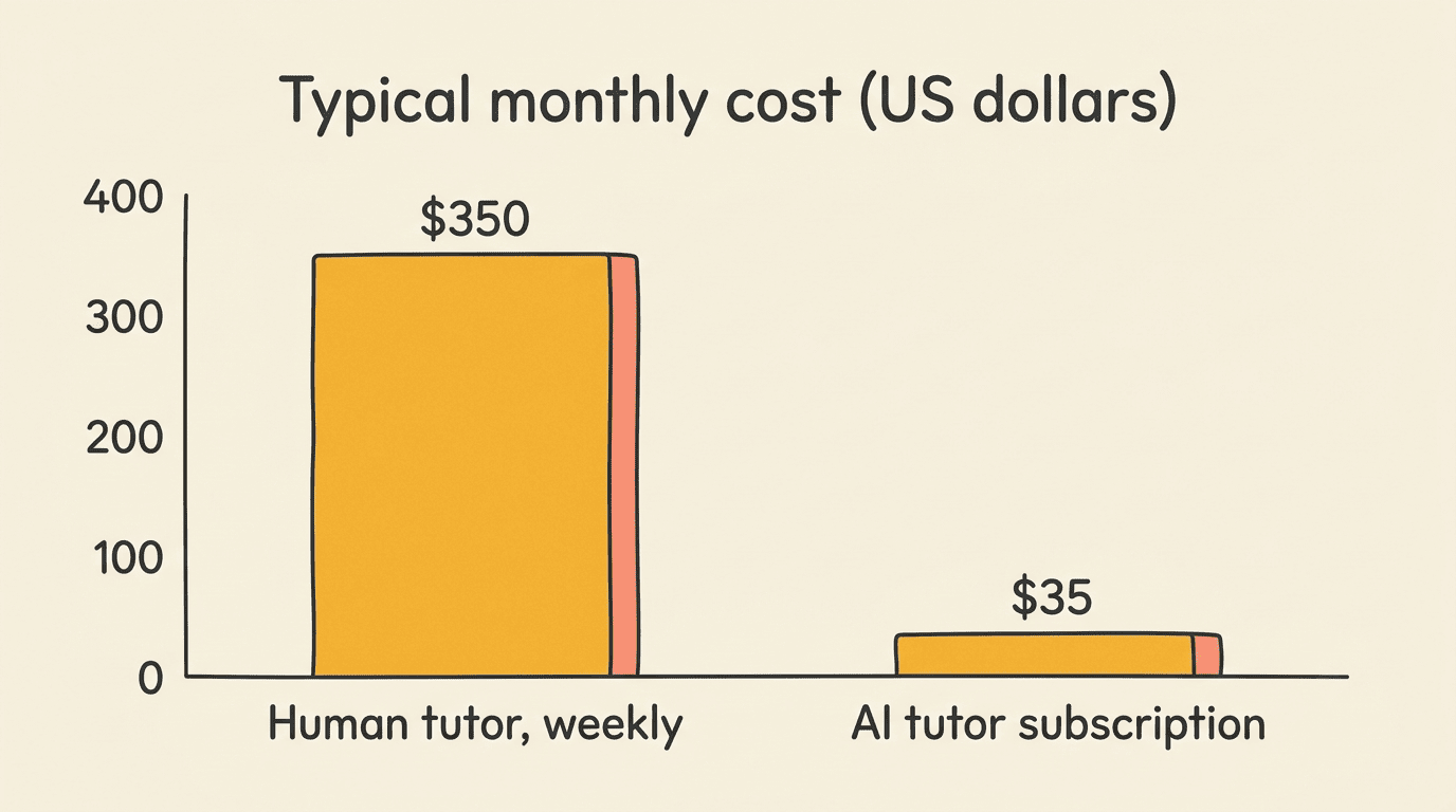 Bar chart comparing typical monthly cost: human tutor weekly around $350 versus AI tutor subscription around $35