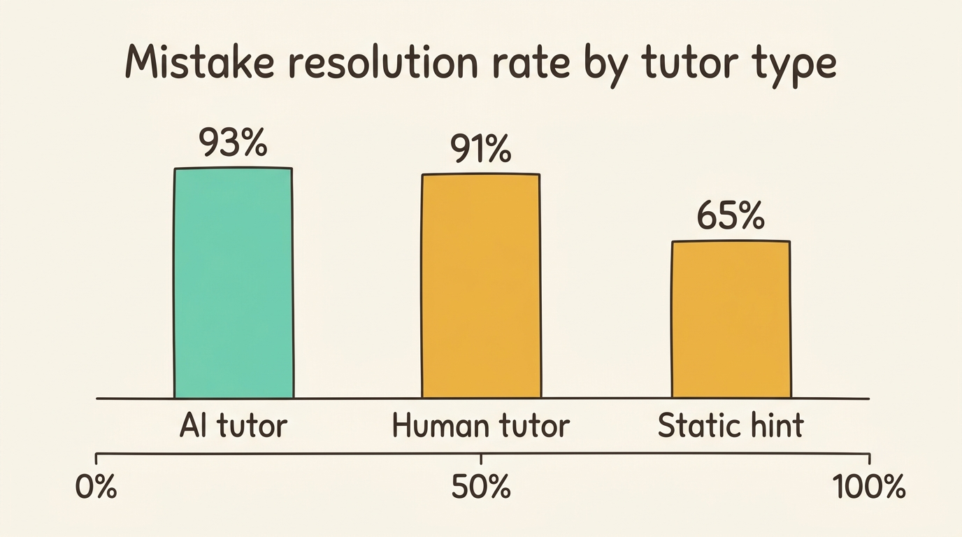 Bar chart: mistake resolution rate 93% AI tutor, 91% human tutor, 65% static hint