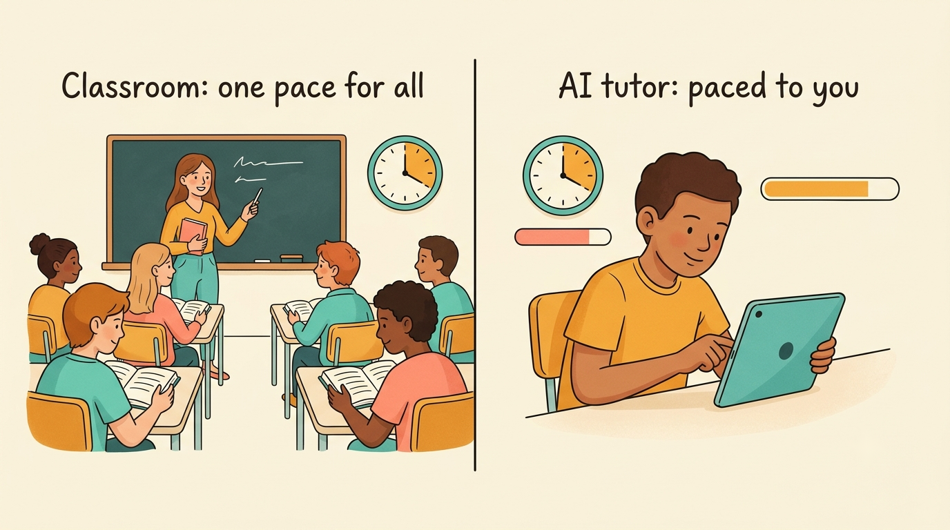 Split image: whole class on one pace versus an AI tutor paced to the individual student