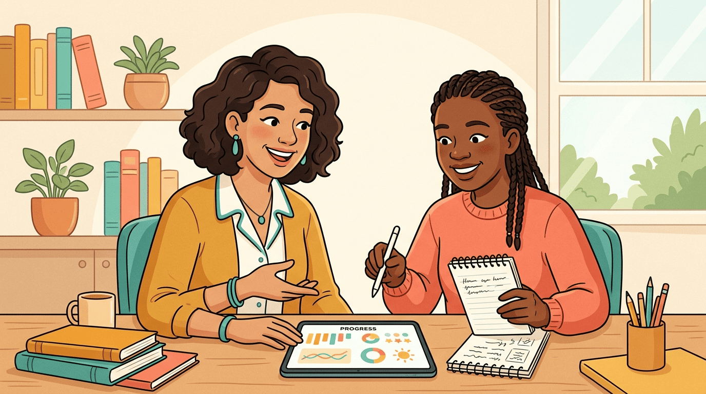 A tutor and a student reviewing a progress dashboard together, illustrating human-AI hybrid tutoring