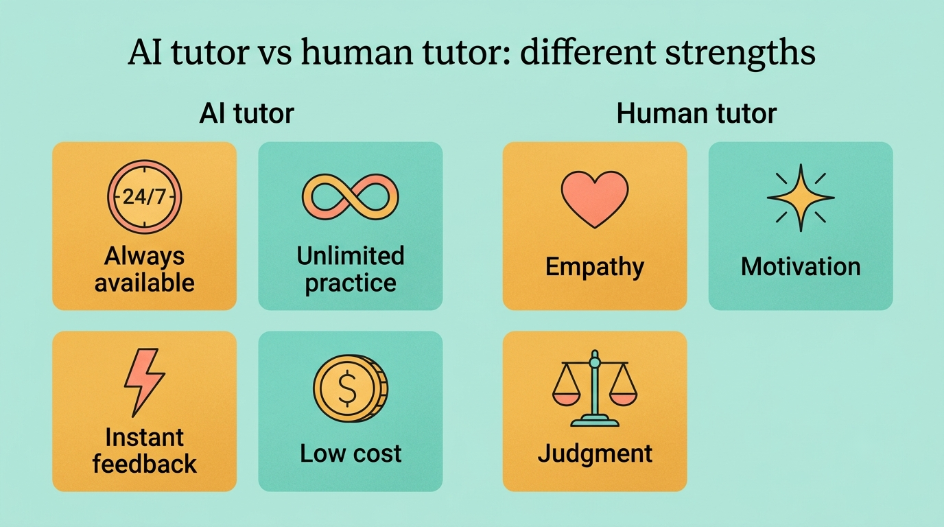 Comparison grid of AI tutor strengths versus human tutor strengths