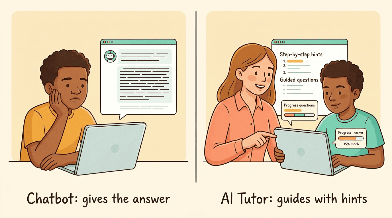 Side-by-side comparison of a plain chatbot versus an AI tutor guiding a student