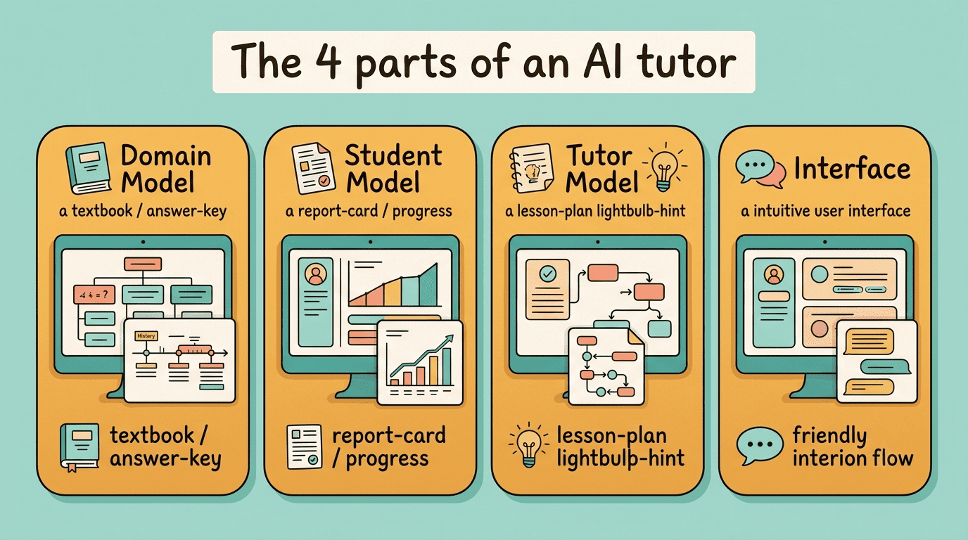 Infographic of the four parts of an AI tutor: domain, student, tutor models and interface