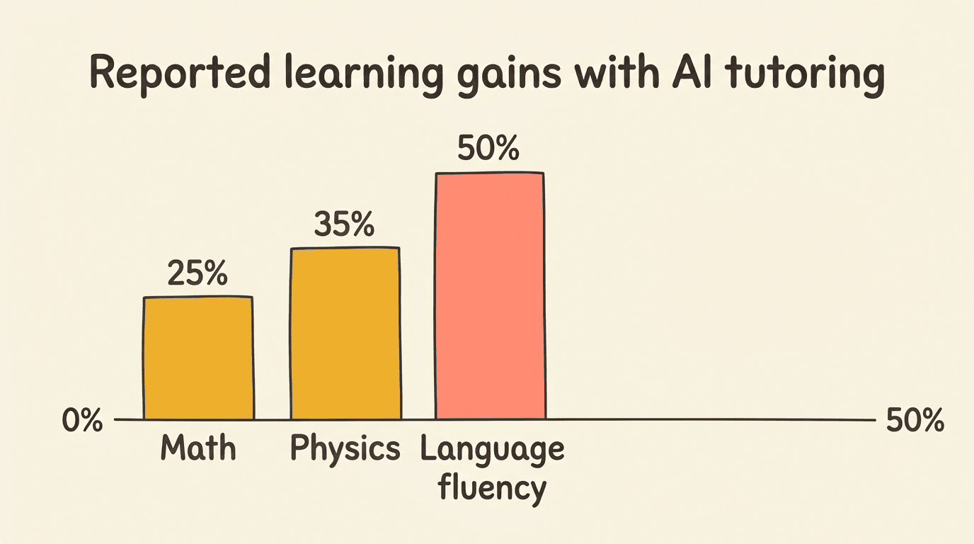 Bar chart of reported learning gains: 25% math, 35% physics, 50% language fluency