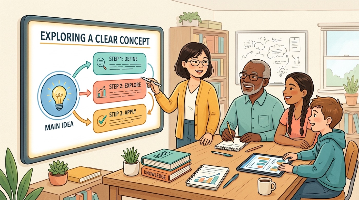 A concept broken into a simple labeled diagram: main idea, define, explore, apply