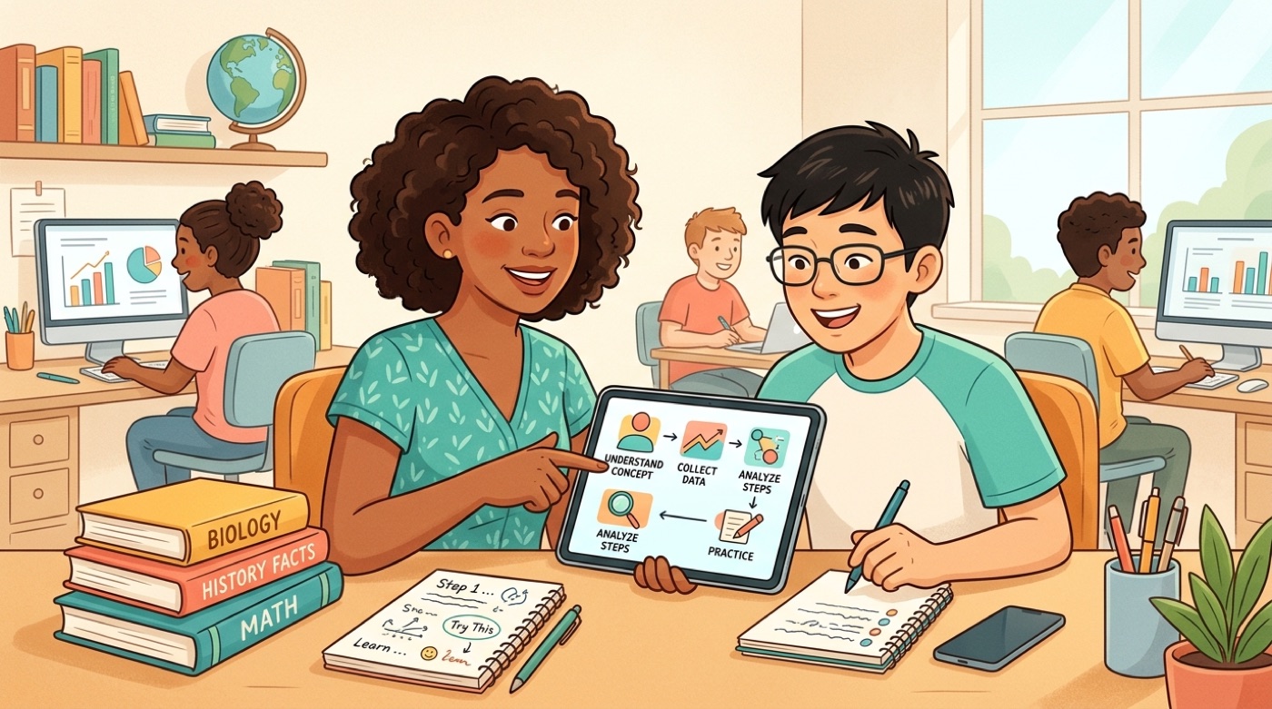 AI tutor concept: Maya the tutor helping a student with a step-by-step explanation on a tablet