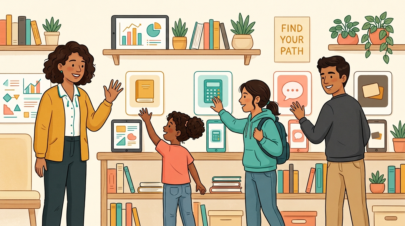 A tutor and learners of different ages each reaching for the study app that fits them, under a 'find your path' sign