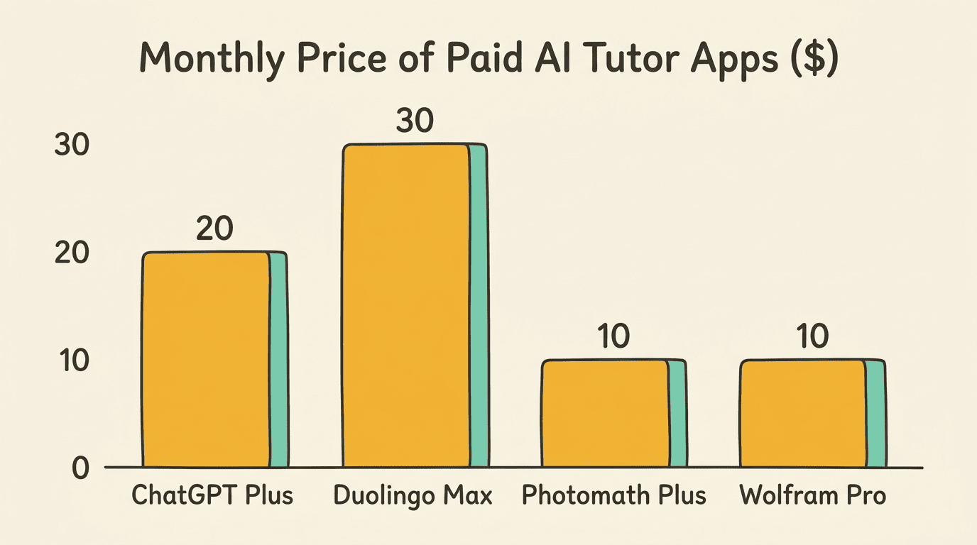 Bar chart of monthly prices for paid AI tutor apps: ChatGPT Plus $20, Duolingo Max $30, Photomath Plus $10, Wolfram Pro $10