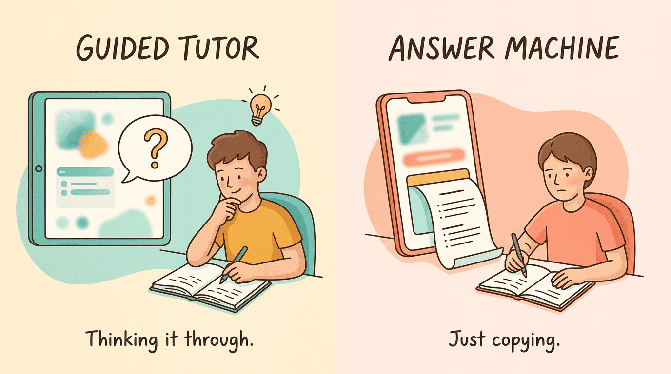 Split comparison: a guided tutor prompts a student to think it through, while an answer machine just hands over a solution to copy