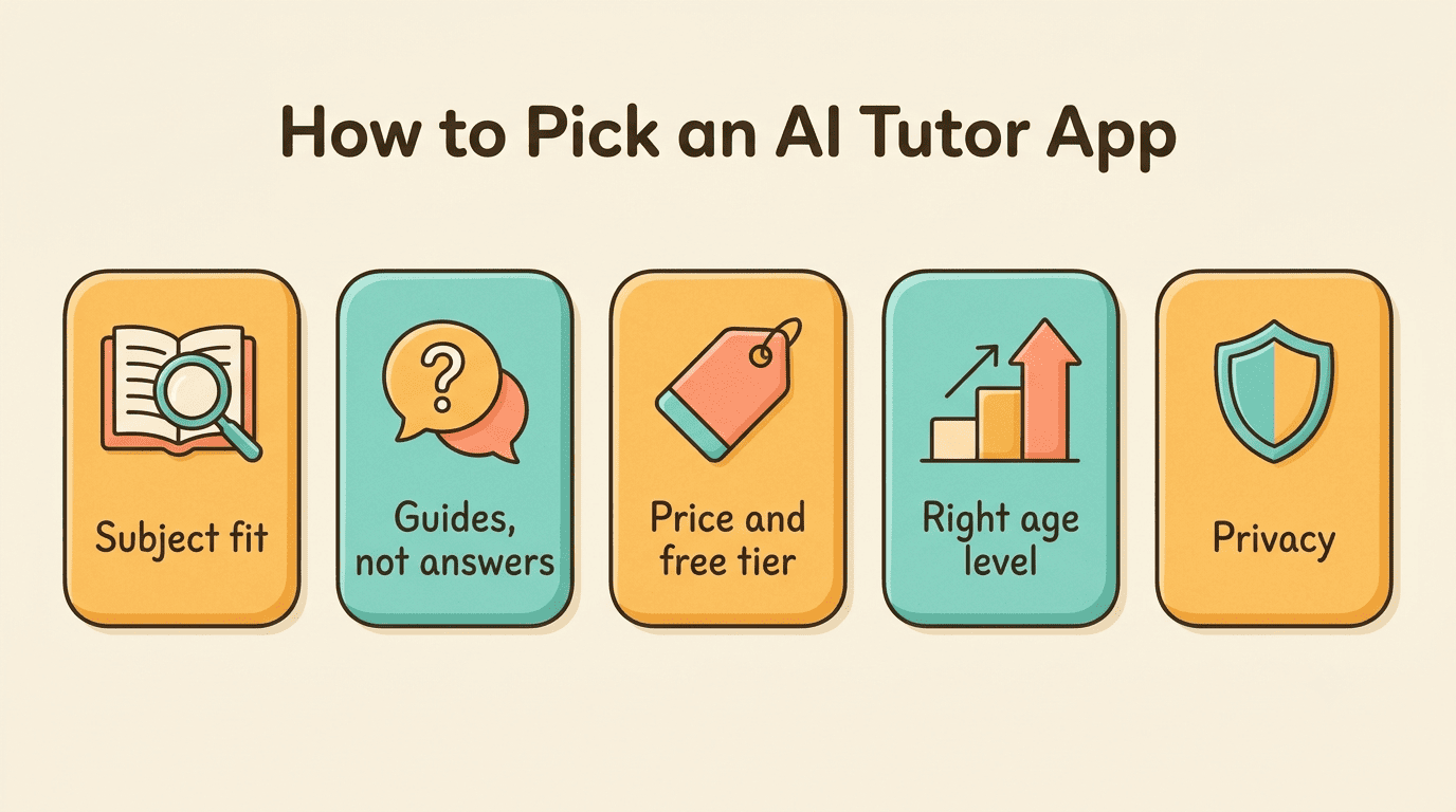 Five-card checklist for picking an AI tutor app: subject fit, guides not answers, price and free tier, right age level, privacy