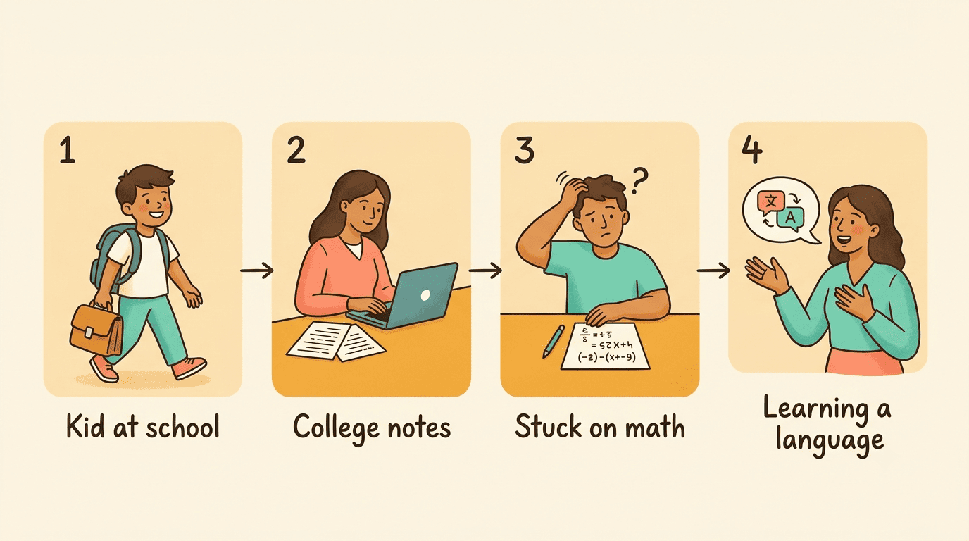 Four-step flow matching learner to app: kid at school, college notes, stuck on math, learning a language