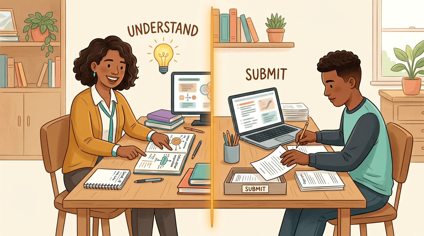 A desk split down the middle: on one side an AI tutor helps a student understand, on the other a student submits AI's work as their own