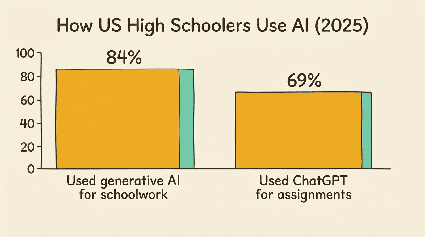 Bar chart: 84% of US high schoolers used generative AI for schoolwork, 69% used ChatGPT for assignments in 2025