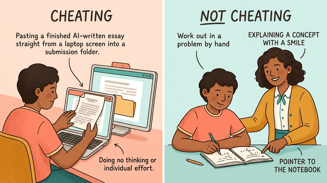 Split comparison: cheating is pasting an AI essay into a submission; not cheating is doing the work first, then asking the tutor to explain