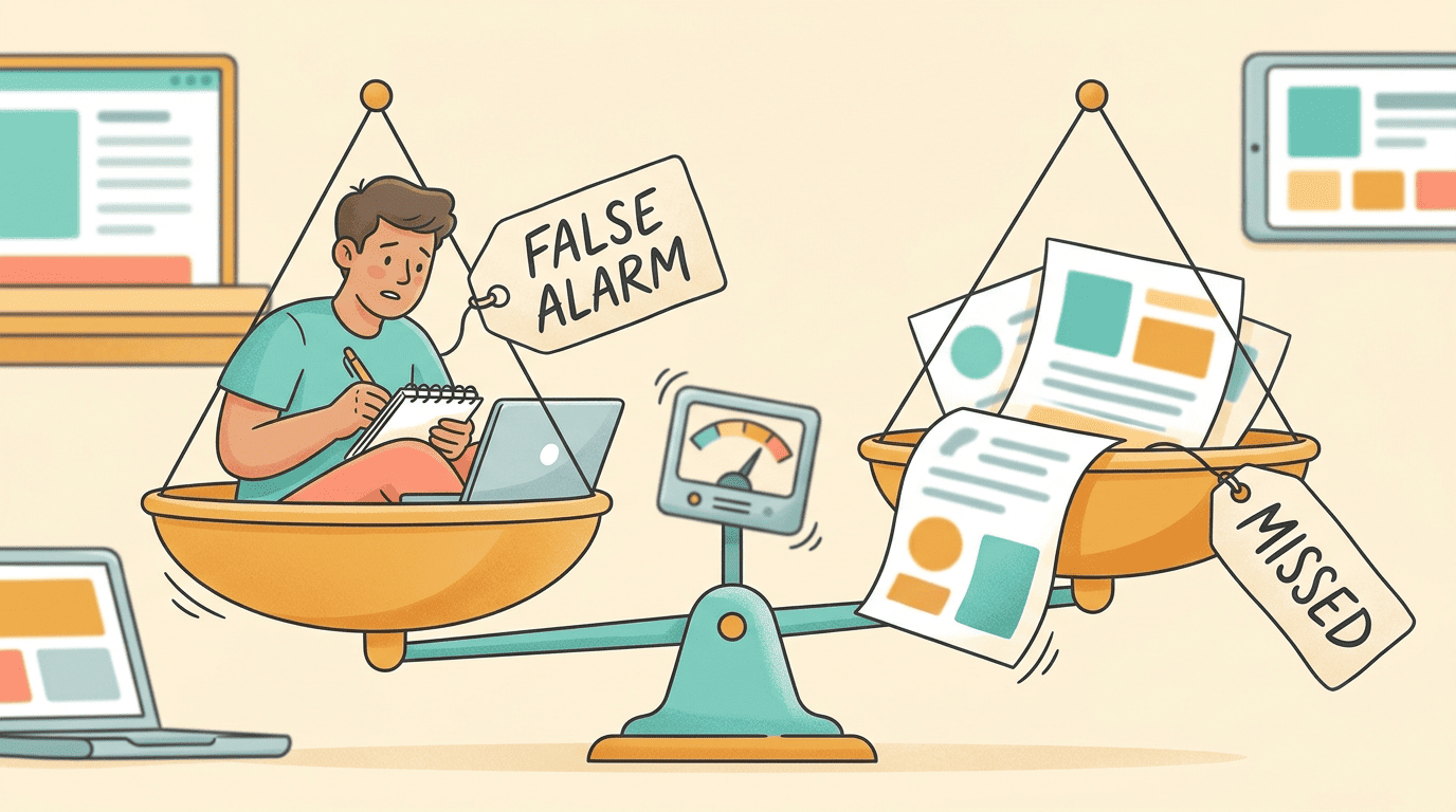 An unbalanced scale showing an AI detector wrongly flagging an honest student while a copied paper slips through unnoticed