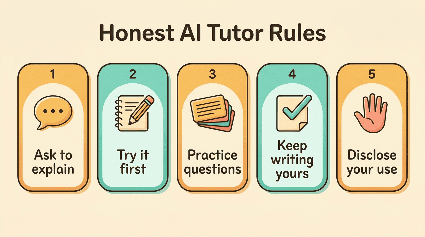 Five-card checklist of honest AI tutor rules: ask to explain, try it first, practice questions, keep writing yours, disclose your use