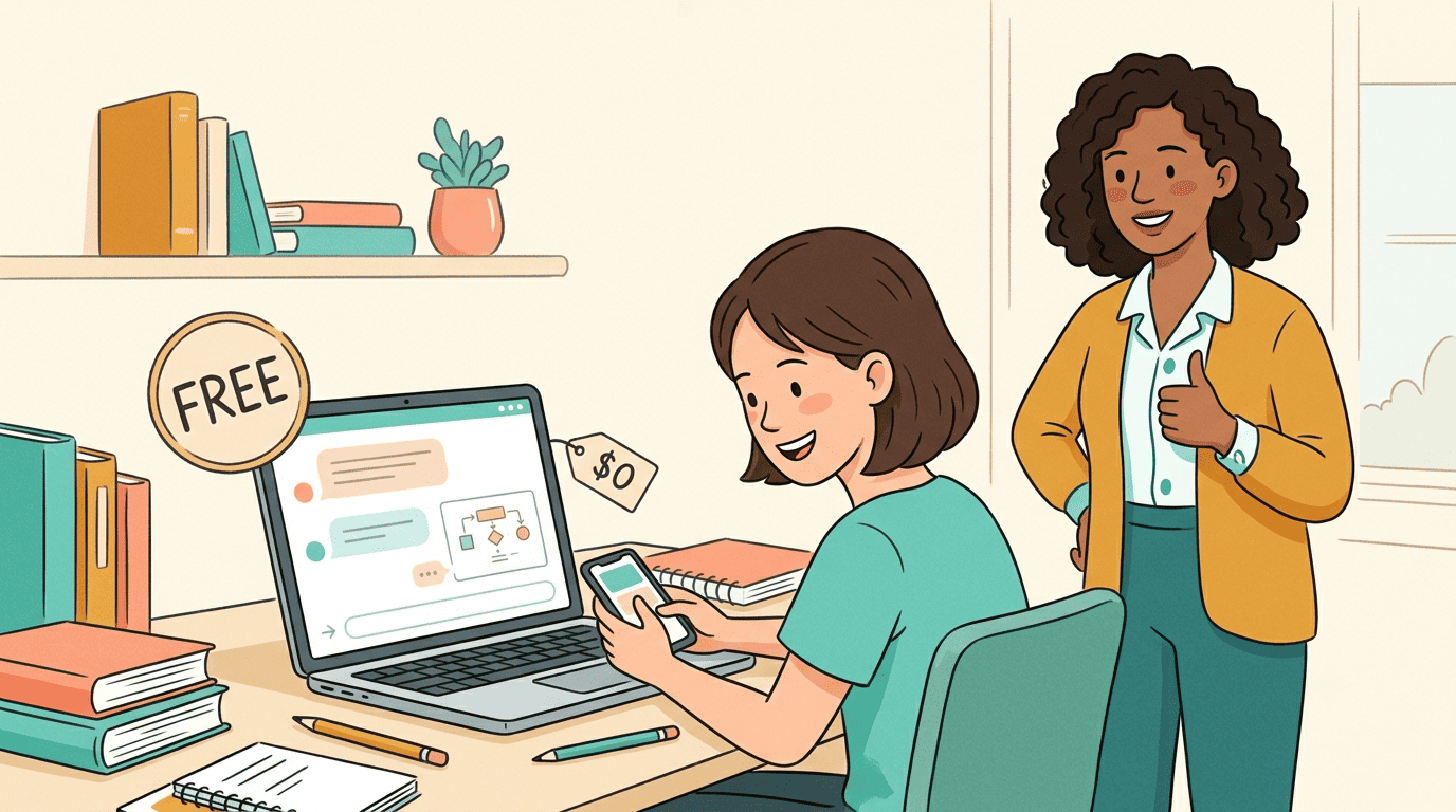 A student learning happily with a free AI tutor on a laptop and phone, a FREE badge and a $0 price tag, with tutor Maya giving a thumbs-up