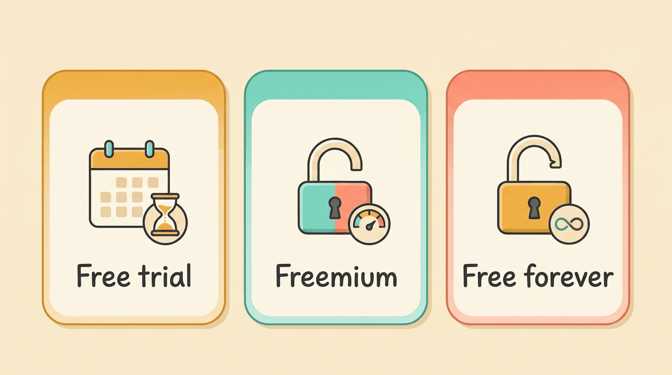 Three kinds of free compared: free trial (ends), freemium (limited), and free forever (fully open)
