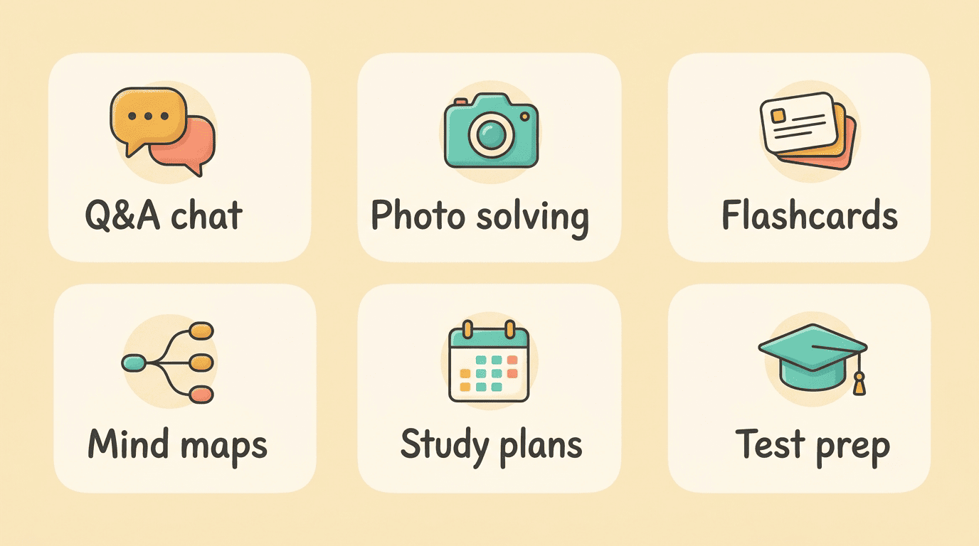 Six common free AI tutor features: Q&A chat, photo solving, flashcards, mind maps, study plans, test prep