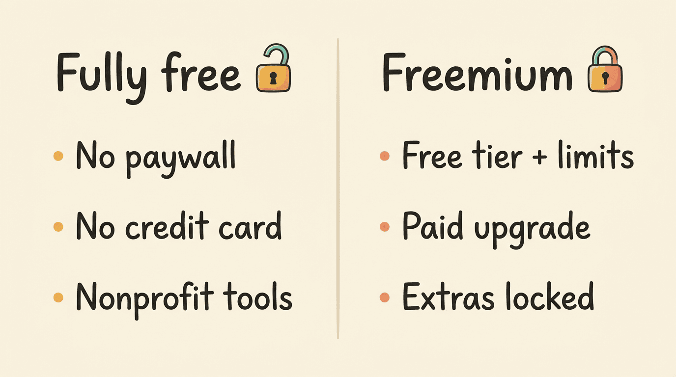Fully free versus freemium: fully free means no paywall, no credit card, nonprofit tools; freemium means a free tier with limits, paid upgrade, locked extras
