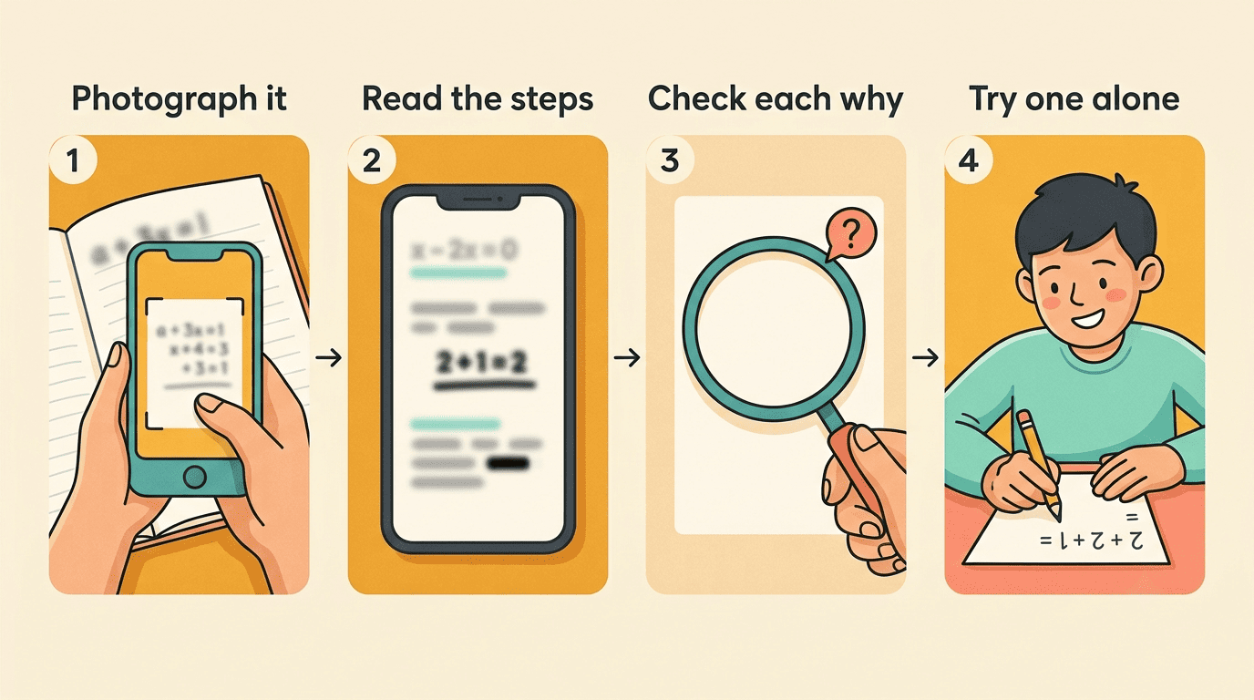 Four steps to test a free math tutor: photograph the problem, read the steps, check each why, then try one alone